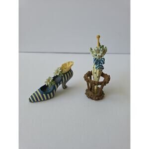 Suzette Resin Deco Stripe Daisy Shoe And Polkadot Umbrella Sandy Lynam Clough